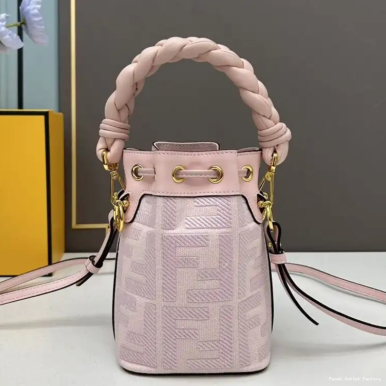 Affordable HOT Fendi Mon Motif Woven Tresor In Bucket Canvas Mini FF Pink Handle Bag with 0604